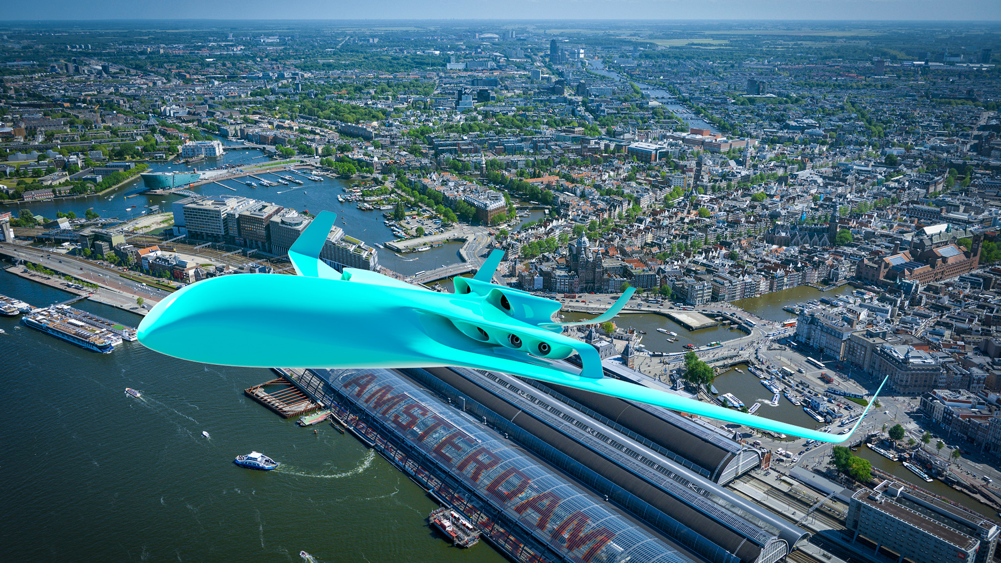 Artist impression of NLR Hydrid Electric Plane above Amsterdam.