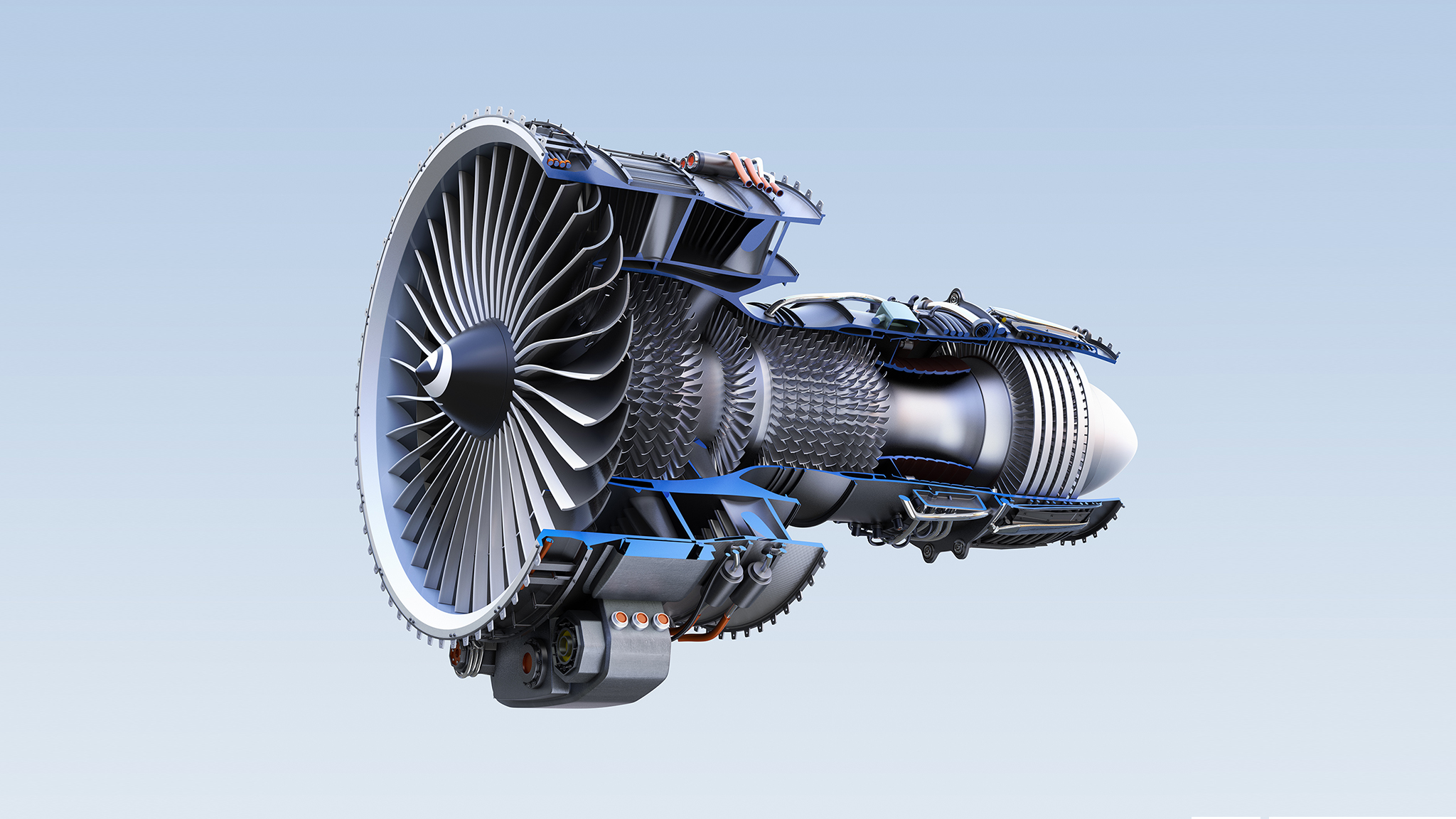Cross section of turbofan jet engine isolated on light blue background