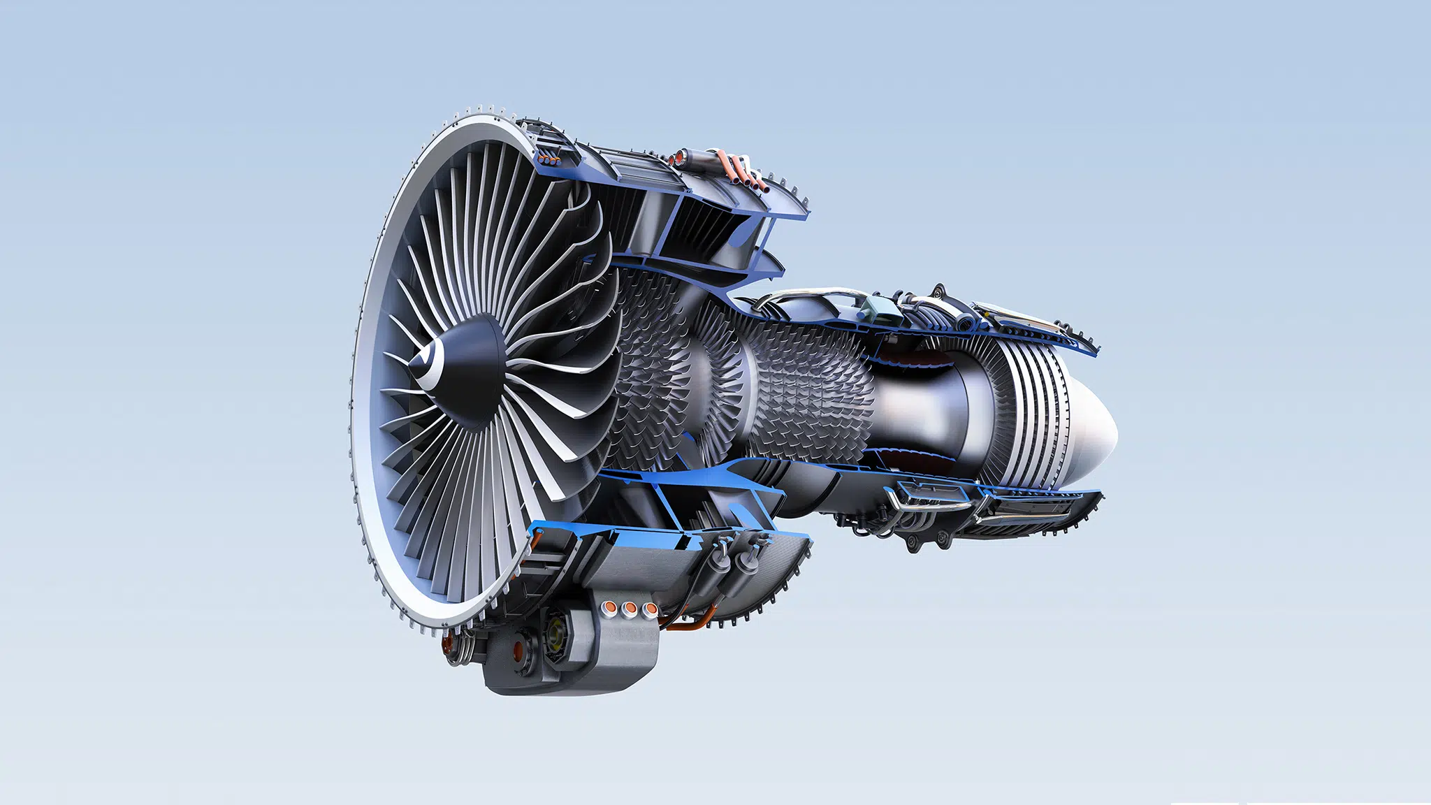 Cross section of turbofan jet engine isolated on light blue background