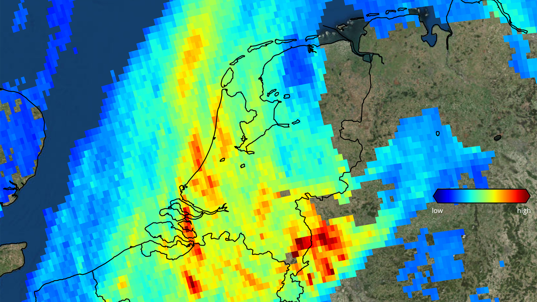 Tropomi measurement of nitrogen dioxide (NO2) in the atmosphere above the Netherlands.